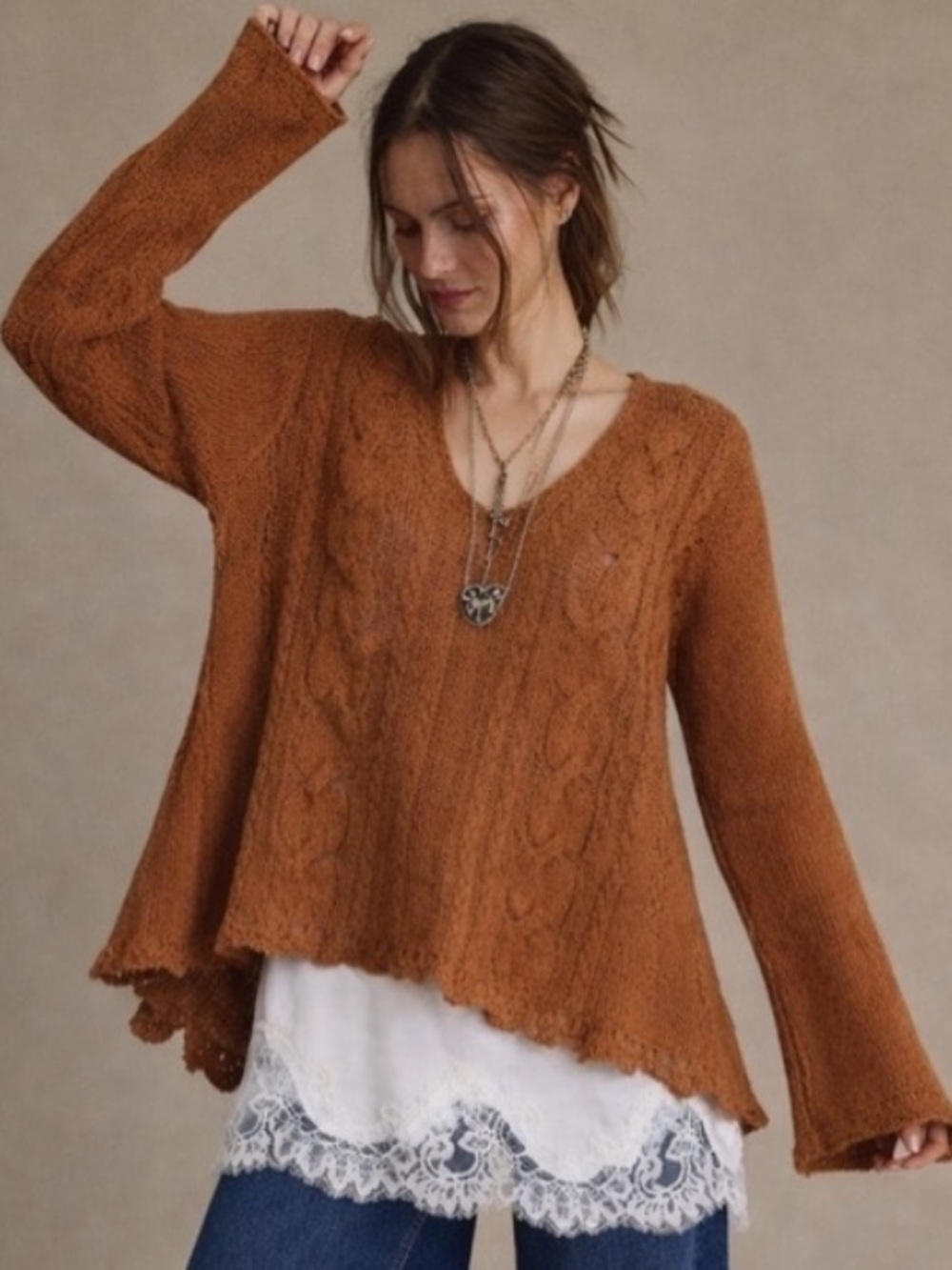 Free People Waterfall Alpaca Blend Cable Knit A Line Sweater Generous Size Small